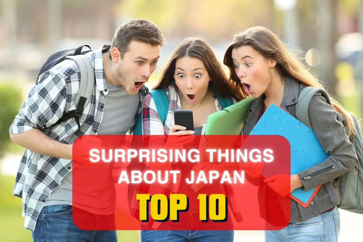 Group of three students reacting to phone screen for japan life surprises blog.