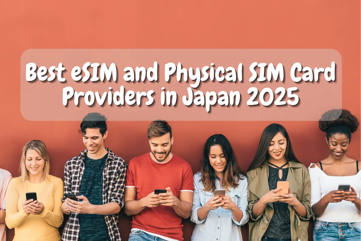 International tourists on phones with travel SIM or eSIM services in Japan.