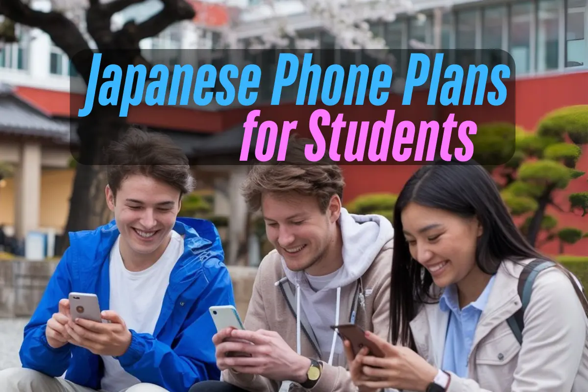 Three international students on campus in Japan using smartphones with Sakura Mobile eSIMs.