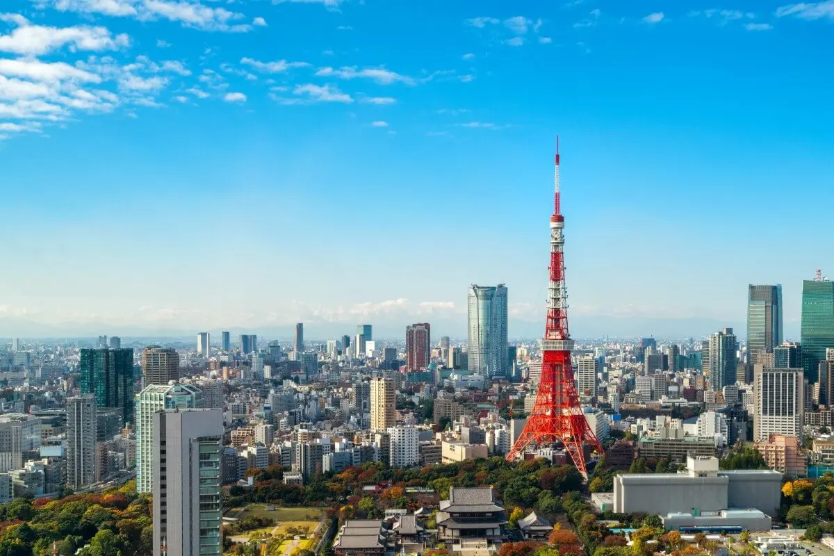 Aerial view of Tokyo Tower and skyline under blue sky in blog about top Tokyo activities.