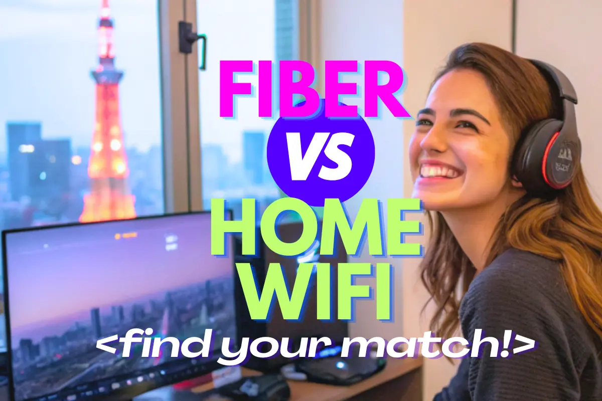 Woman livestreaming from Tokyo apartment with fiber internet, smiling with headphones on.