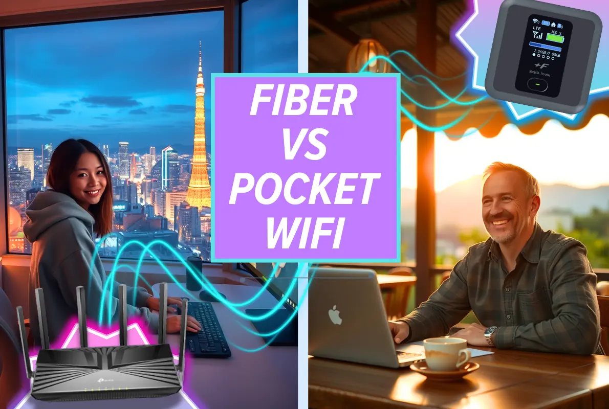 Side-by-side blog image comparing Sakura Fiber Internet and Pocket WiFi usage in Japan.