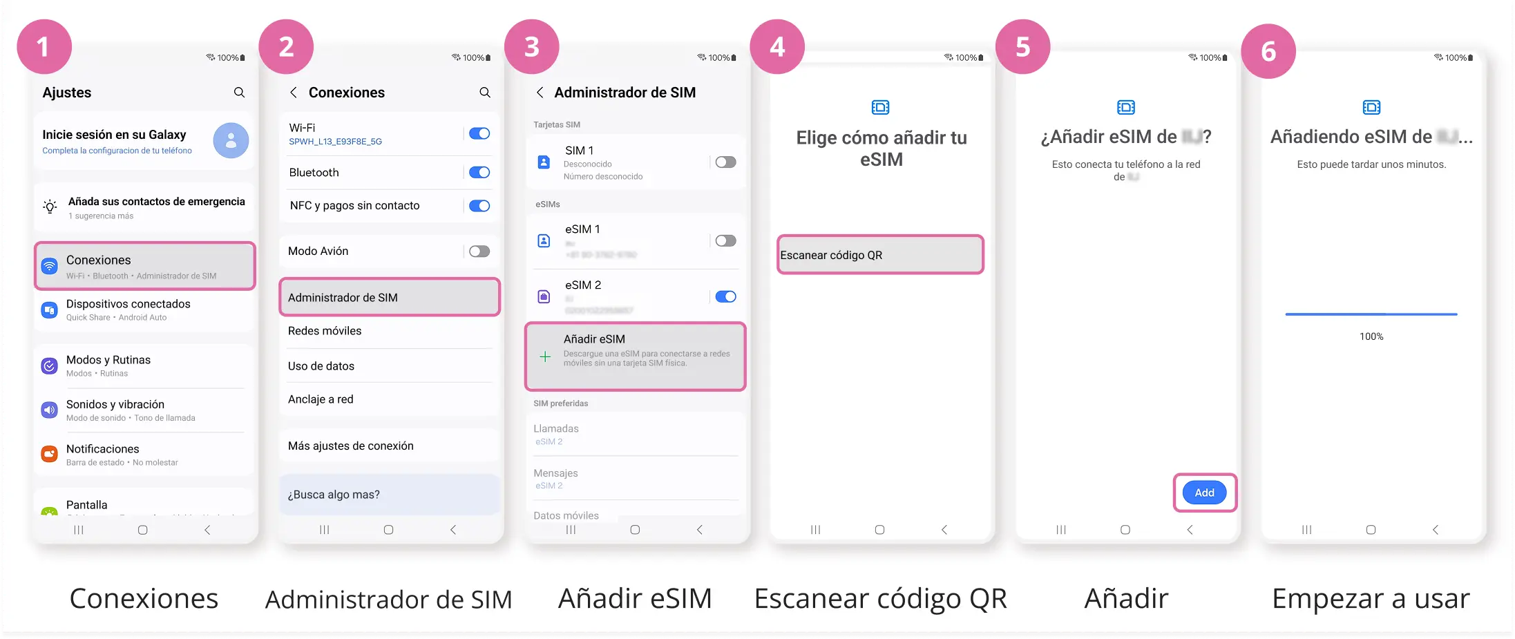 Capturas de Android para activar la eSIM: ajustes, red, añadir eSIM, escanear código QR y descargar.