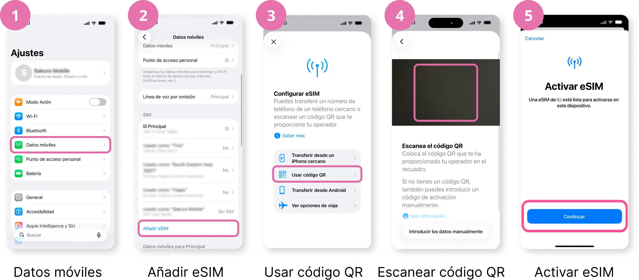 Tutorial para iPhone sobre cómo añadir y activar la eSIM de viaje de Sakura Mobile con código QR.