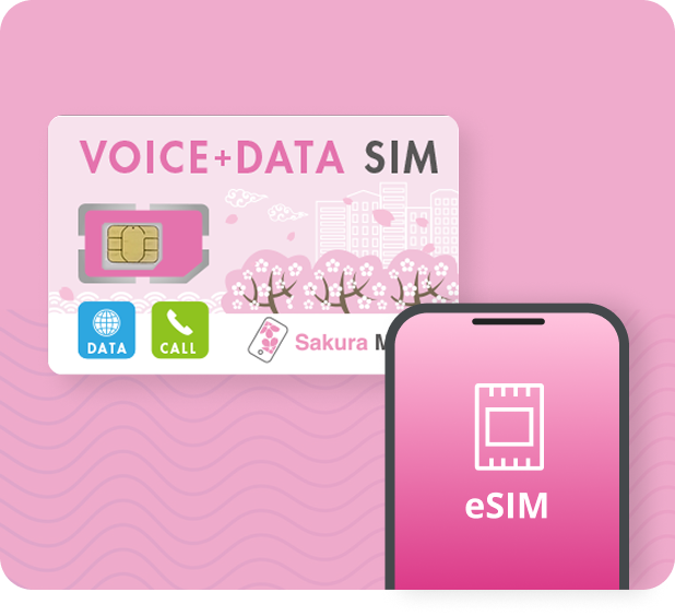 Voice and data eSIM Japan plans (5GB, 25GB, 40GB) shown above phone with eSIM compatibility