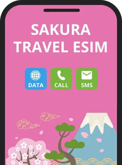 Smartphone displaying eSIM with 5G unlimited data options, Voice call and SMS for tourists visiting Japan.
