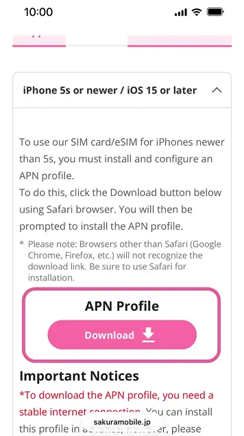 Sakura Mobile APN profile download page open in Safari