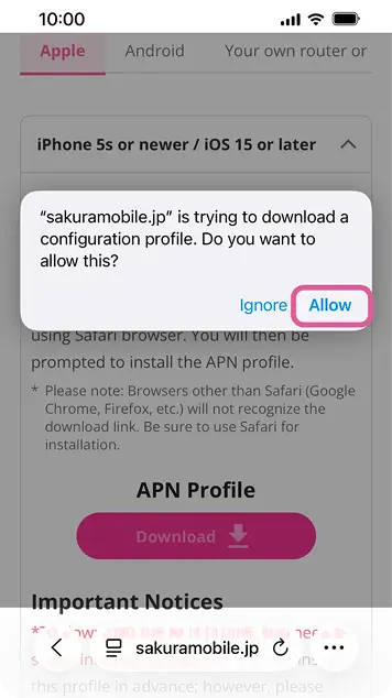 Allowing the Sakura Mobile APN profile download on iPhone