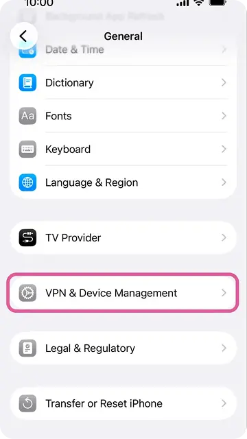 Open VPN and Device Management in iPhone Settings
