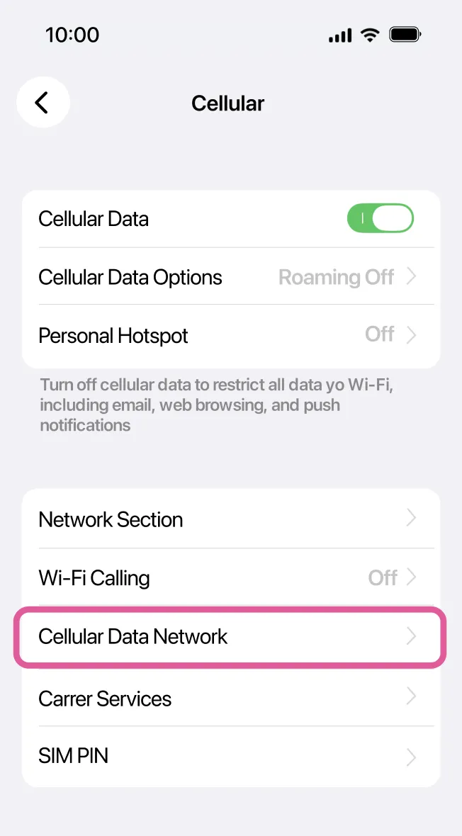 Cellular settings with 'Enable 3G' and 'Cellular Data' on, 'Cellular Data Network' highlighted.