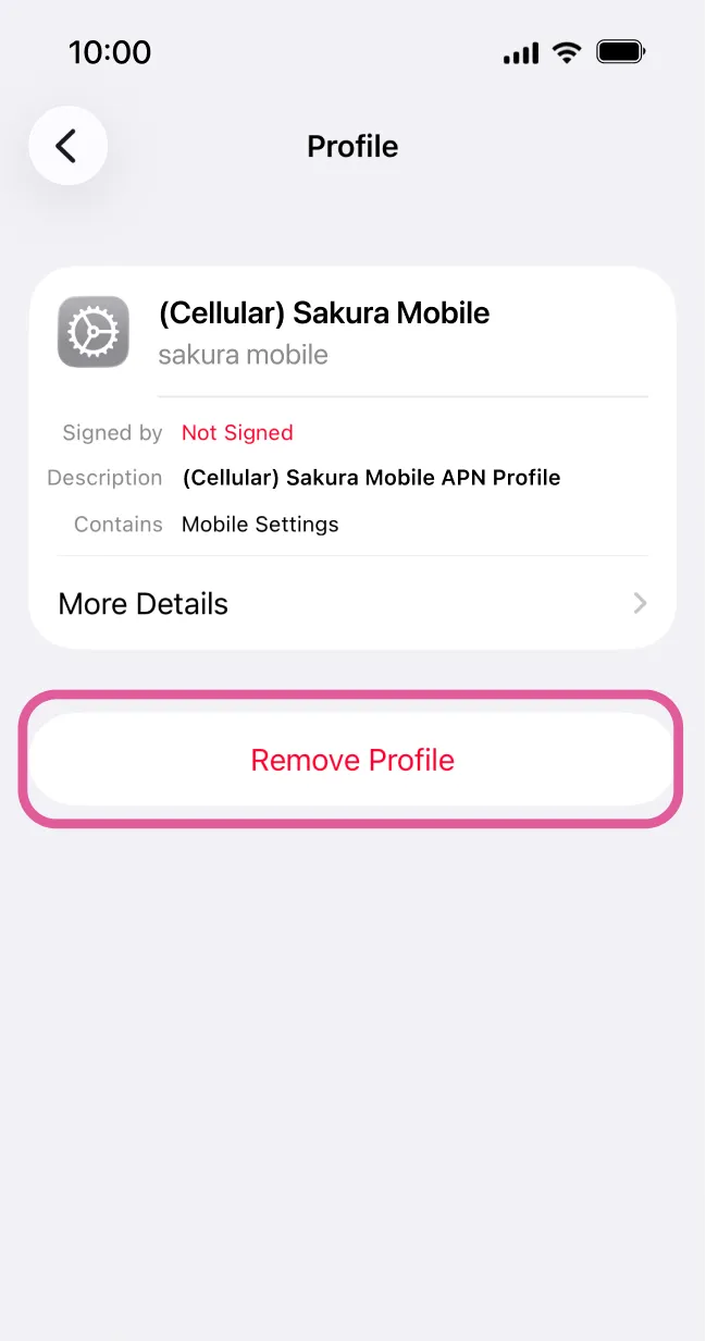 Profile details screen showing Sakura Mobile APN with 'Remove Profile' button highlighted.