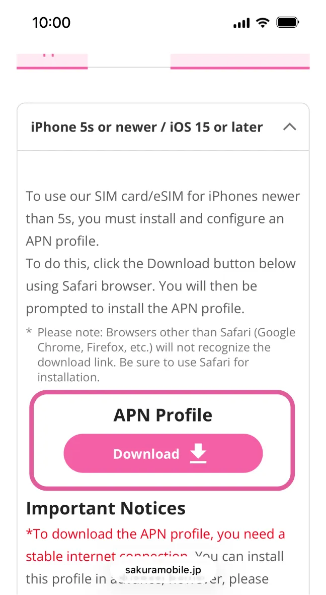 iPhone Safari screen showing Sakura Mobile APN download link with note to avoid Chrome or Firefox.