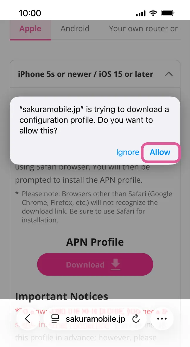 Prompt on iPhone asking to allow Sakura Mobile APN profile download via Safari.