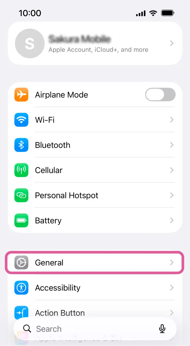 iPhone Settings app with user selecting 'General' to proceed with Sakura Mobile APN installation.