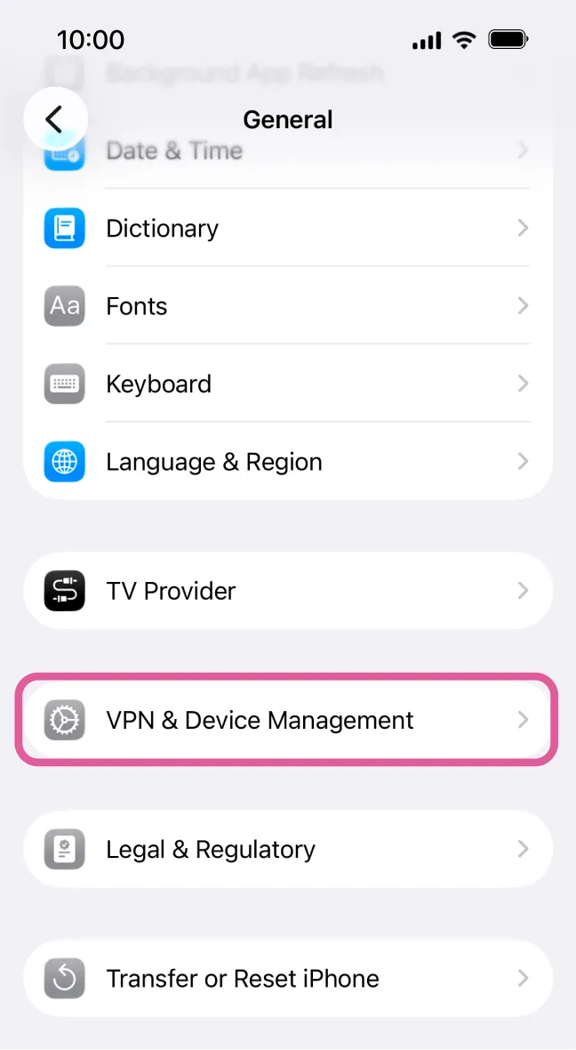User selecting 'VPN & Device Management' to install Sakura Mobile APN settings on iPhone.