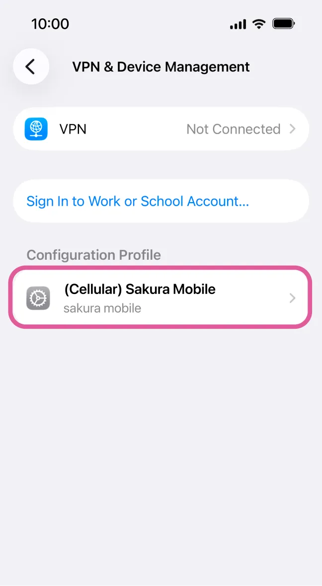 iPhone screen showing Sakura Mobile APN profile under downloaded configuration profiles.