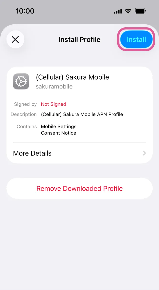 Sakura Mobile APN install screen with user tapping 'Install' to begin configuration.