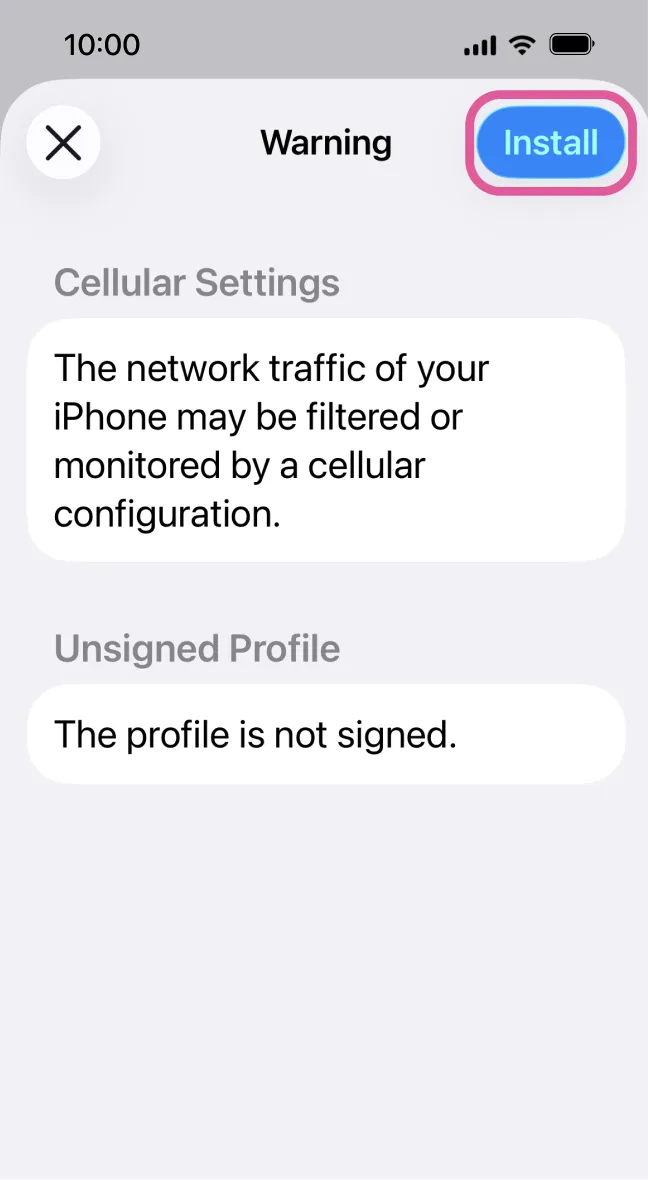 Warning screen about unsigned APN profile before proceeding with Sakura Mobile APN install.