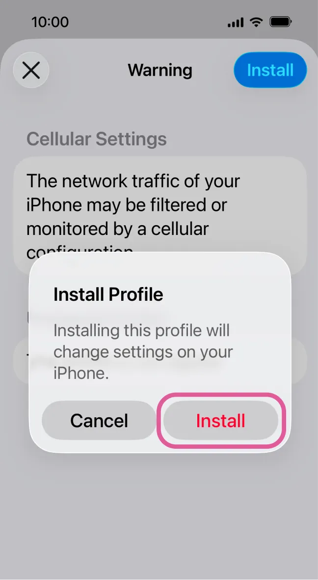 iPhone popup showing Install and Cancel buttons, user confirming Sakura Mobile APN installation.