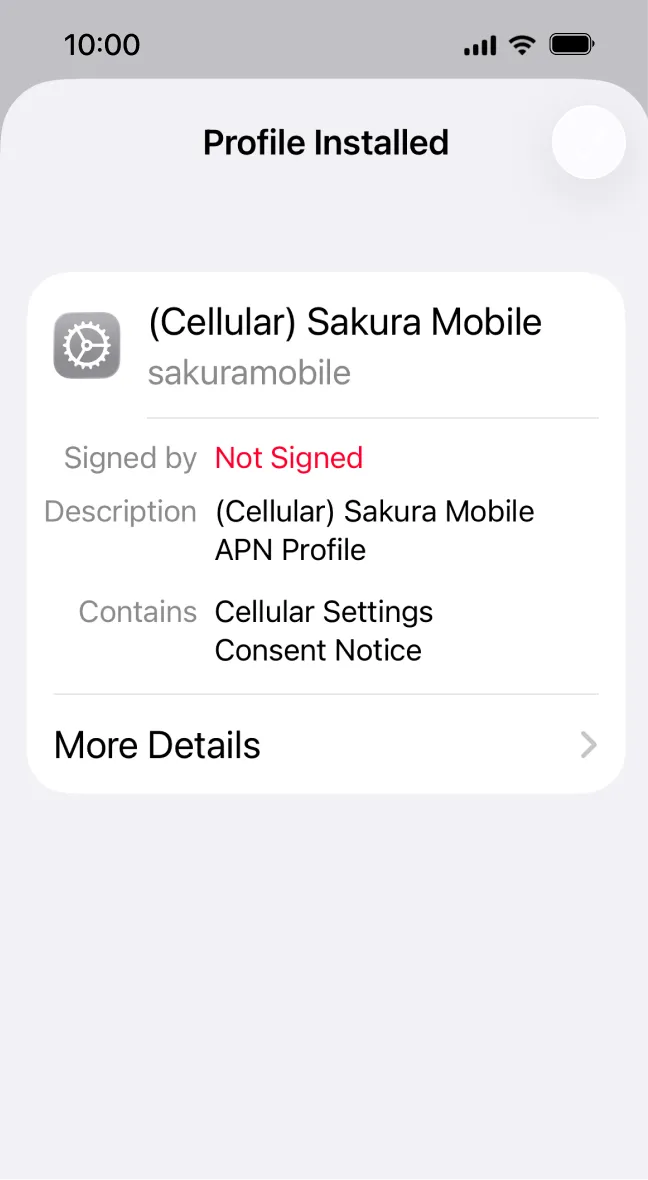 Settings > General showing Sakura Mobile APN profile installed with option to remove.