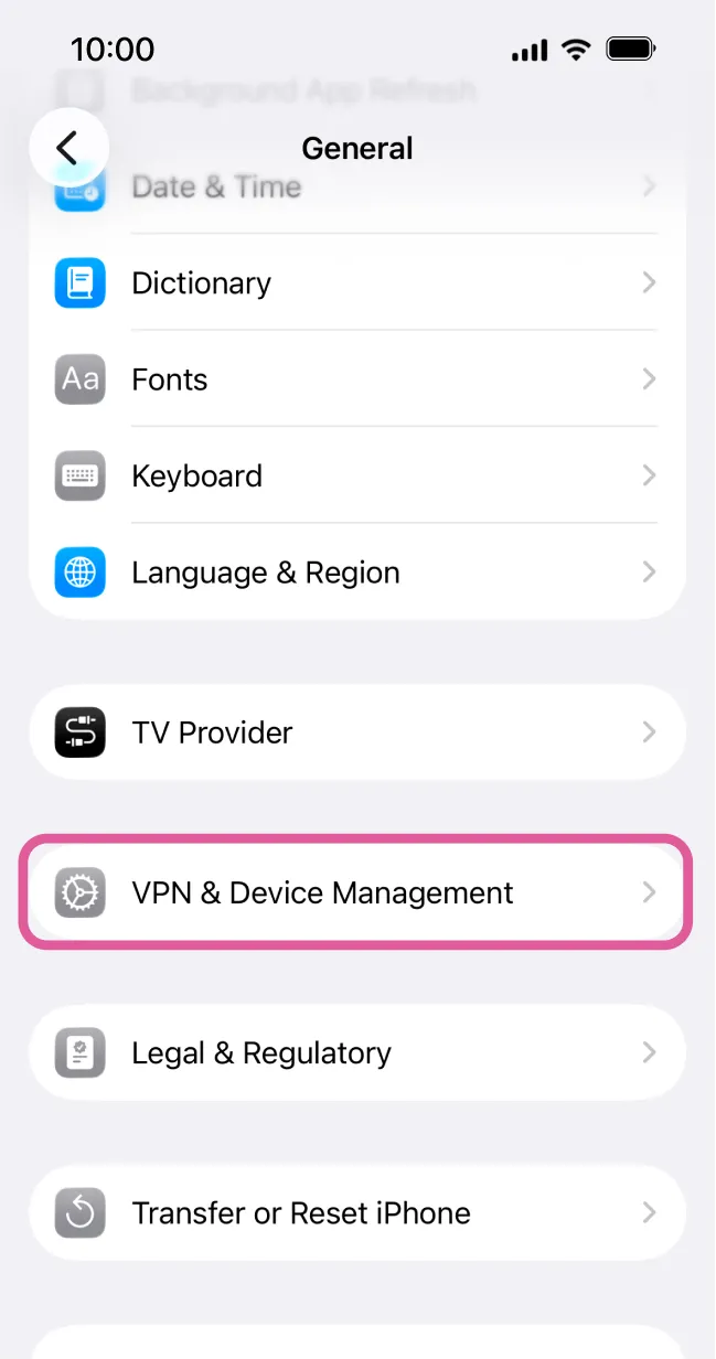 iPhone settings highlighting VPN & Device Management for APN profile removal.