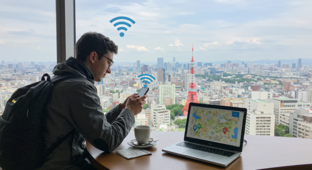 A traveler downloading an offline map on their phone while at a hotel in Japan