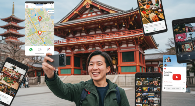 A collage or image showing Google Maps, Instagram, YouTube, and video calls around a traveler by a temple in Japan