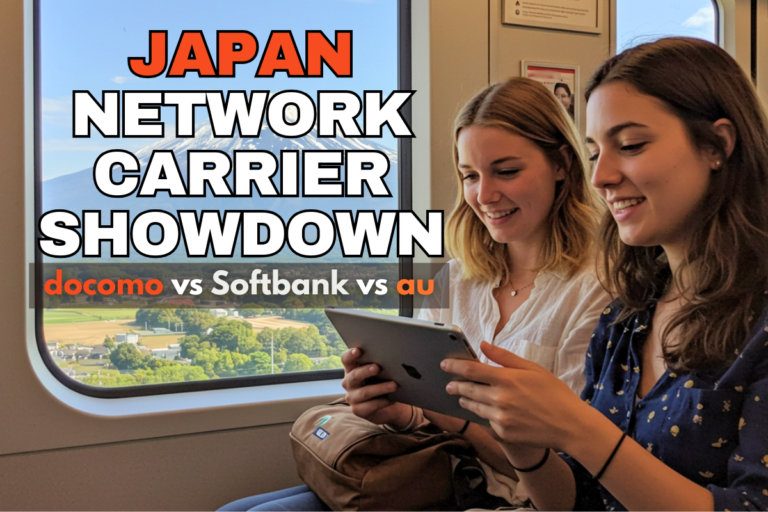 Two women riding a train in Japan with Mt. Fuji clearly visible though the window, they are looking at a tablet together