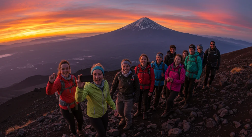 A group of friends is climbing a mountain near Mt. Fuji with Fuji in the background, taking a picture as they hike