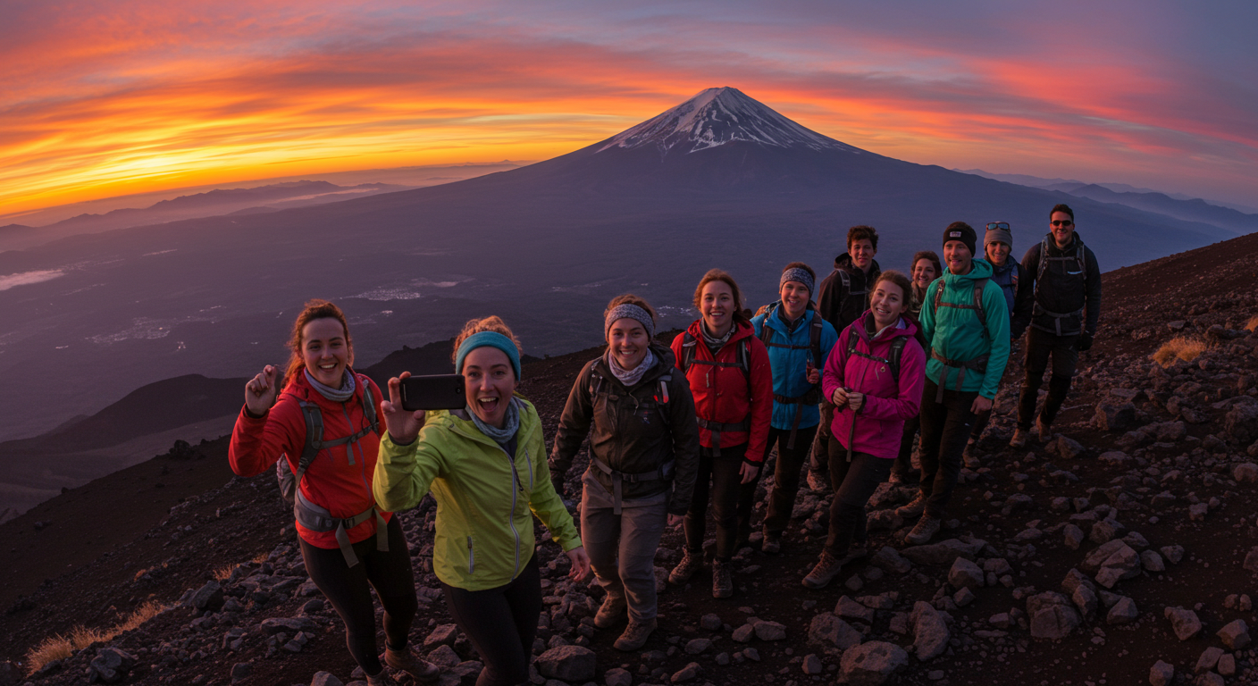  A group of friends is climbing a mountain near Mt. Fuji with Fuji in the background, taking a picture as they hike