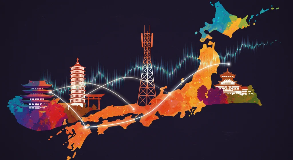 A cell tower emitting data waves across Japan including famous landmarks
