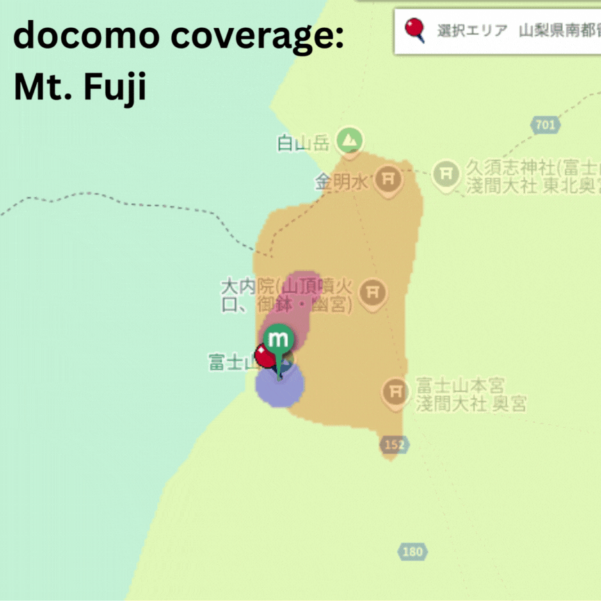 A comparative GIF of the coverage levels on Mt. Fuji between docomo, SoftBank, and au