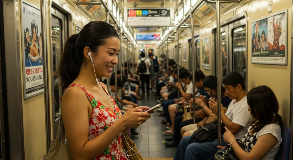 A woman is on the subway in Tokyo, smiling and listening to something on her phone while enjoying a strong data signal