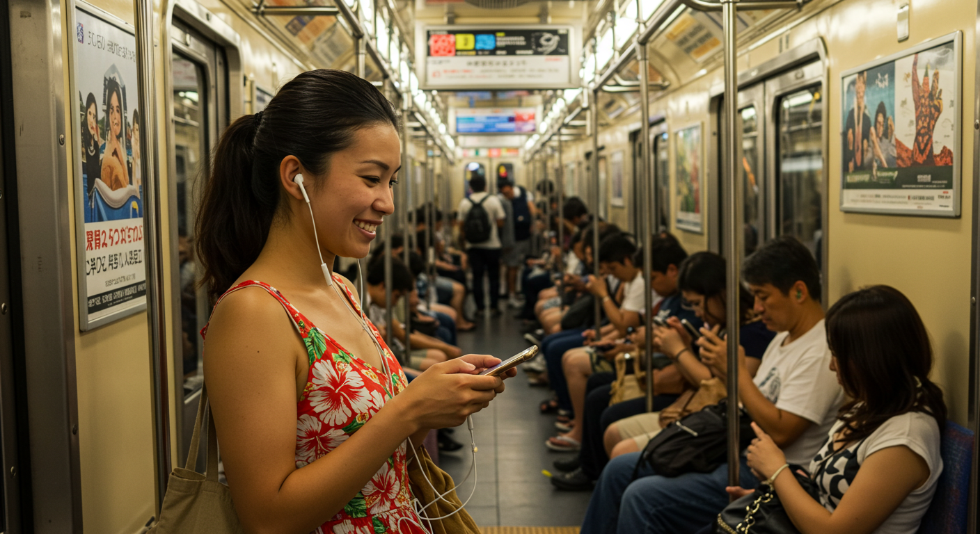  A woman is on the subway in Tokyo, smiling and listening to something on her phone while enjoying a strong data signal