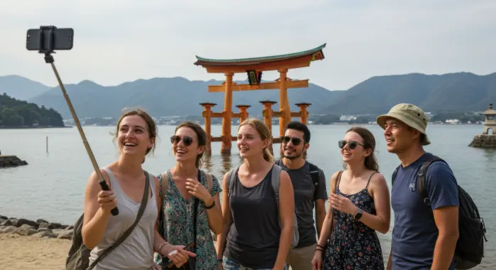 A group of tourists in front of the Itsukushima Shrine, making a video with a selfie stick