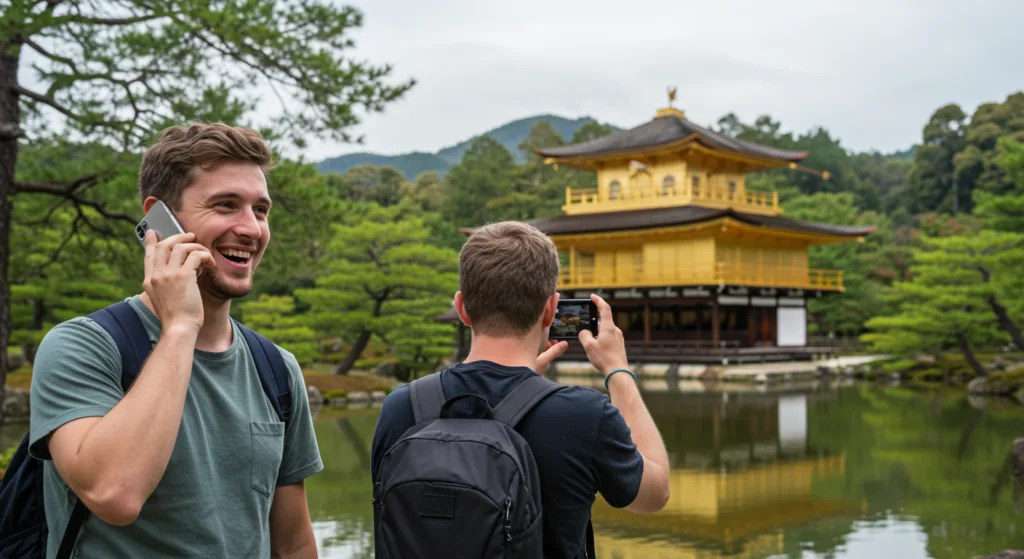 Photo of two men standing in front of Kinkakuji in Kyoto, one is making a phone call and the other one is taking a photo of the temple.