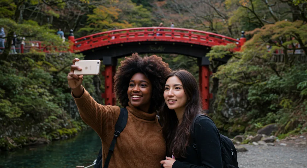 Two friends taking a selfie in front of the bridge in Nikko, Tochigi