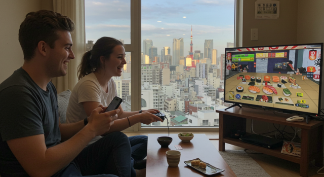 Friends enjoying a fun video game in their Tokyo apartment with a stunning view of the Tokyo Tower. The couple is using WiFi for a seamless gaming experience, highlighting the convenience of high-speed internet in a foreigner-friendly apartment. 