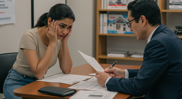 A foreign women looking stressed while sitting across from a rental agent, struggling with the complication of needing a Japanese phone number to rent an apartment, but needing a Japanese address to get a phone.