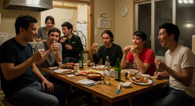 A group of friends enjoying a dinner party in a share house in Tokyo. The cozy setting highlights the community atmosphere of living in a foreigner-friendly share house or apartment, perfect for mid-term rentals or cultural exchange.