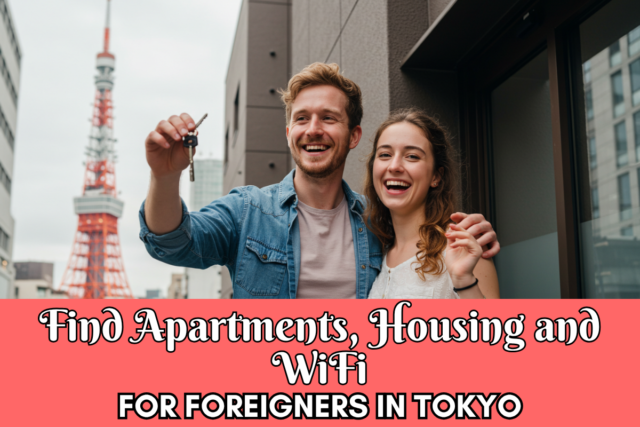 A happy couple holding apartment keys outside their new home in Tokyo, with the Tokyo Tower in the background. They are excited about securing a foreigner-friendly rental with WiFi included, making their move to Japan easier.