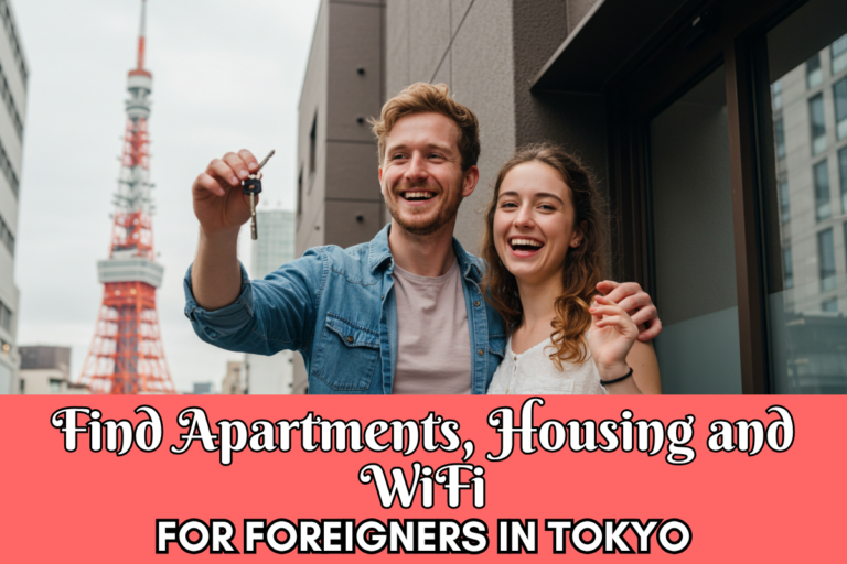 A happy couple holding apartment keys outside their new home in Tokyo, with the Tokyo Tower in the background. They are excited about securing a foreigner-friendly rental with WiFi included, making their move to Japan easier.
