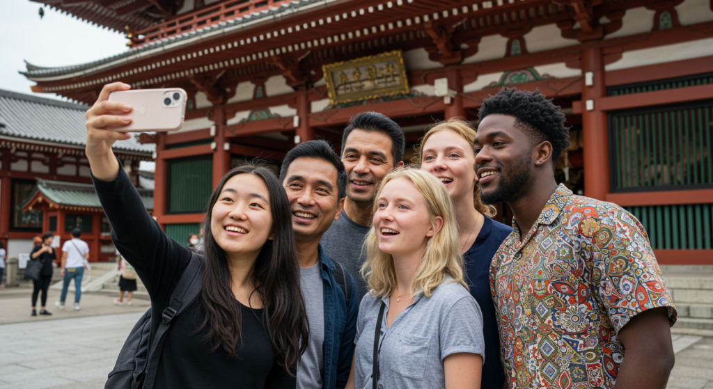 International group of friends taking selfie in front of Japanese temple with iPhone