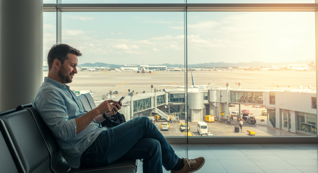 A man checking the compatibility of his iPhone in one hand while sitting near the window inside the international terminal of Narita Airport