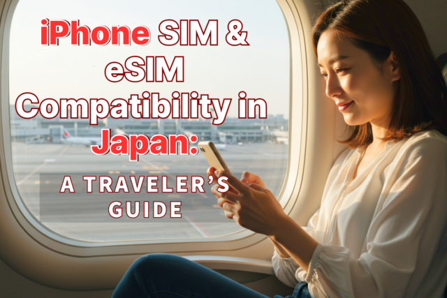 A woman sitting in the window seat of an airplane that has landed in Tokyo Narita Airport looking at her phone with a soft smile.