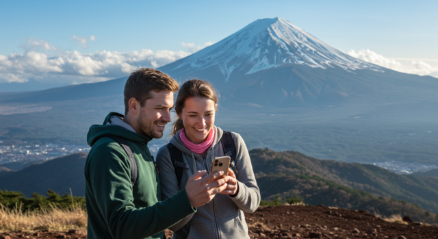 A couple looking at photos on a smartphone while enjoying a hike on a mountain with Mt. Fuji in the background.