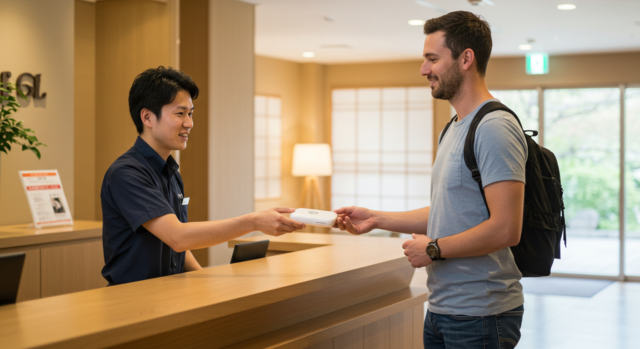 A man picking up their pocket wifi from the front desk of their hotel in Tokyo.