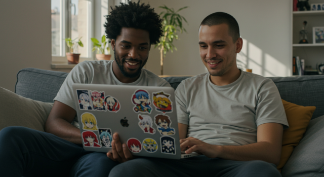 Two friends are researching pocket WiFi options on a laptop while sitting on a sofa in the living room.