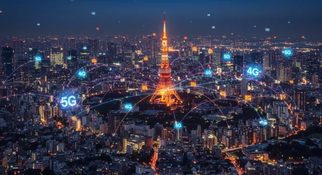Abstract image of 5G and 4G coverage spreading across Tokyo from Tokyo Tower.