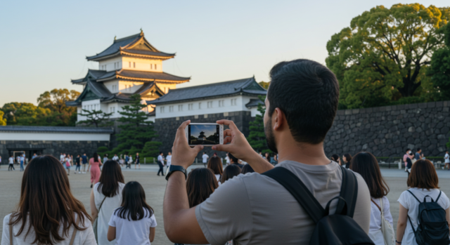 A tourist taking a photo of a Japanese castle with thier mobile phone, highlighting the need for a reliable network while traveling in Japan.